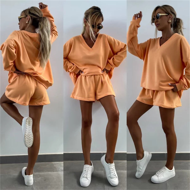 Damen lässiges V-Ausschnitt Sweatshirt und kurze Sporthosen Set Drune