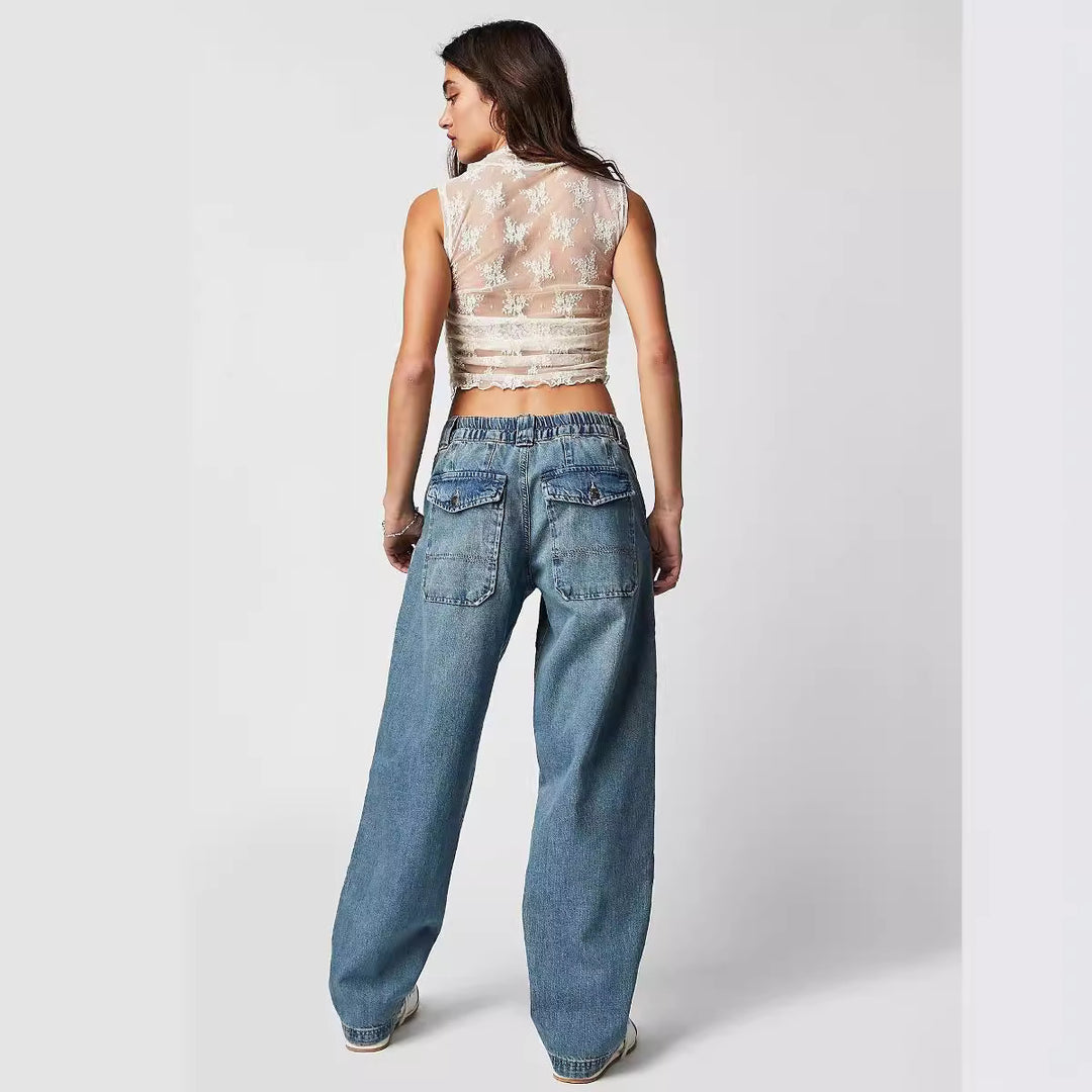 Damen nan weite High-Waist Baggy-Jeans mit tiefem Schritt, Five-Pocket Design und extra-langen Beinen Drune