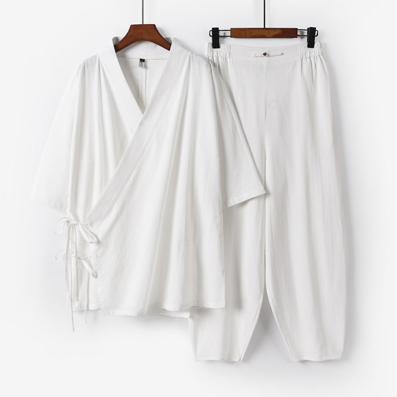 Unisex Leichtes Wickel-Lounge-Set im Kimono-Stil mit seitlichen Bindebändern und elastischer konisch zulaufender Hose Drune