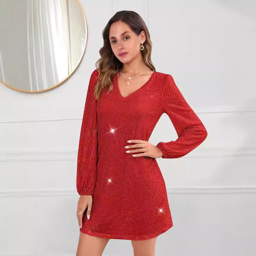 Damen Glitzerndes Minikleid mit V-Ausschnitt und langen Ärmeln Drune