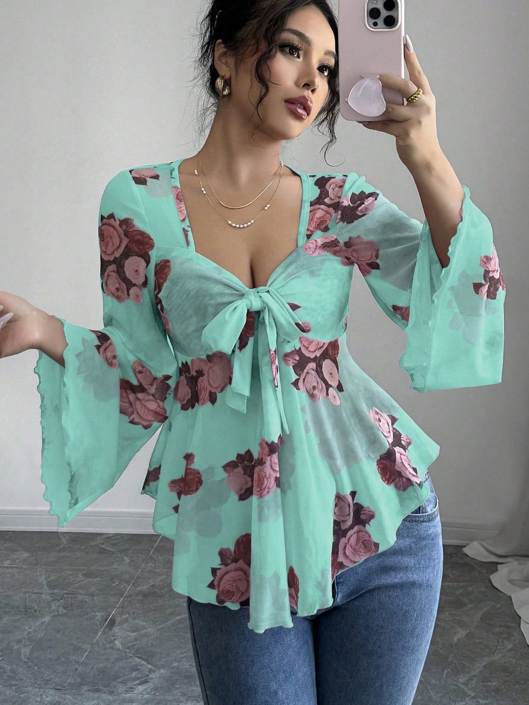Damen luftige Bluse mit Blumenmuster Drune