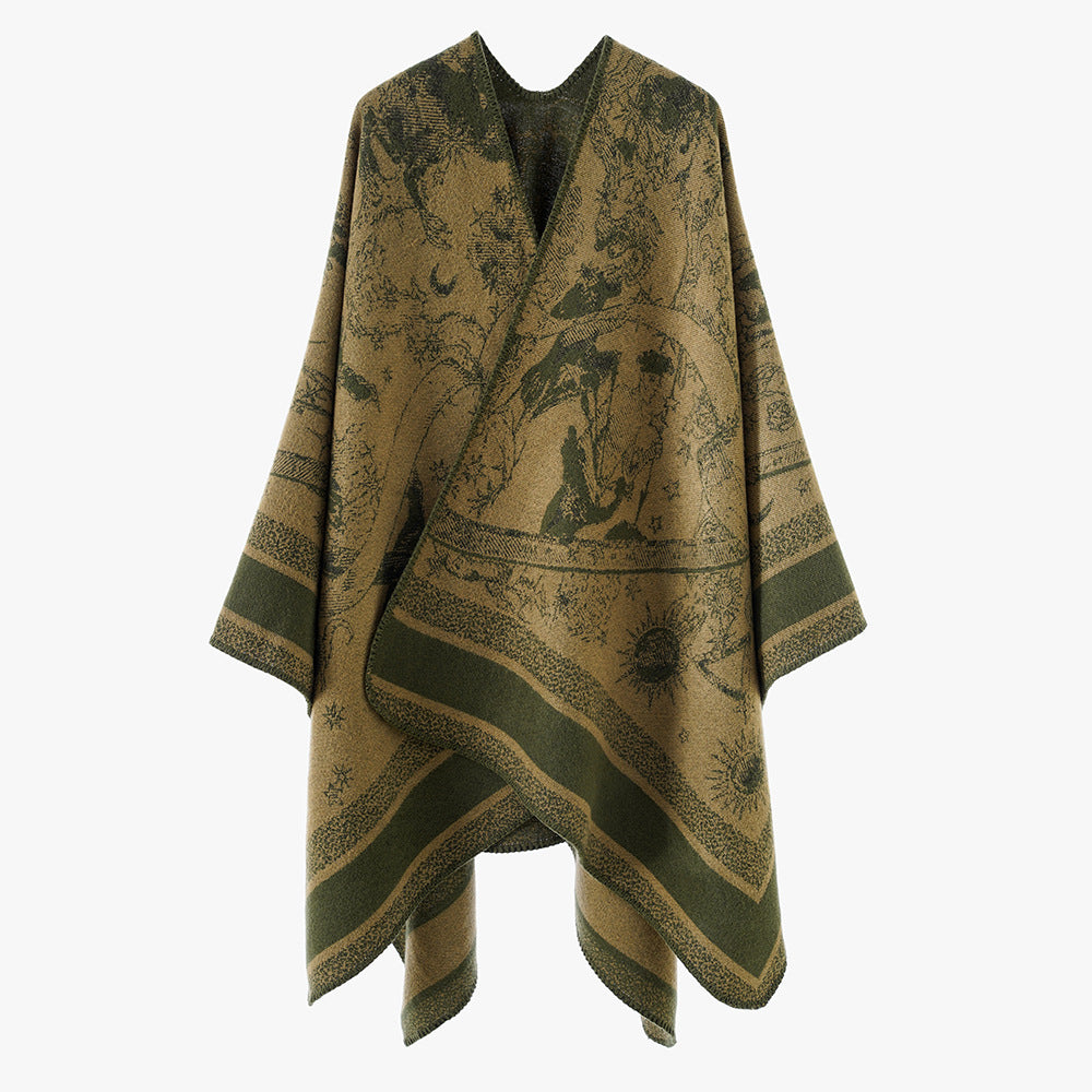 Damen Oversize-Jacquard-Capeponcho aus Wollmix mit V-Ausschnitt und himmlischem Motiv Drune