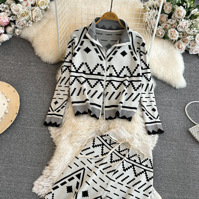 Damen modischer Strickanzug mit geometrischen Mustern Drune