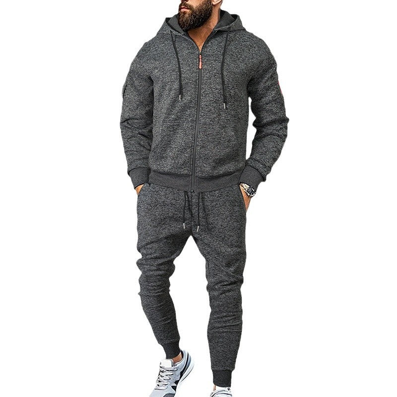 Herren nan meliertes Kapuzen-Sweatset mit durchgehendem Reißverschluss, Reißverschluss-Armtasche und Kordelzug-Jogginghose Drune