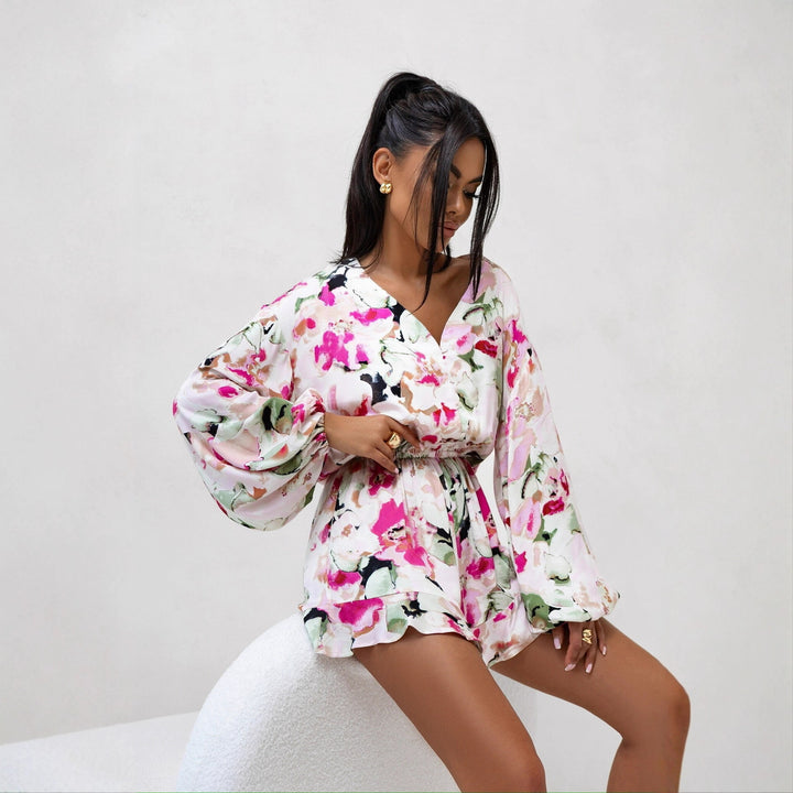 Damen Lässiges Minikleid mit voluminösen Ärmeln und floralem Design Drune