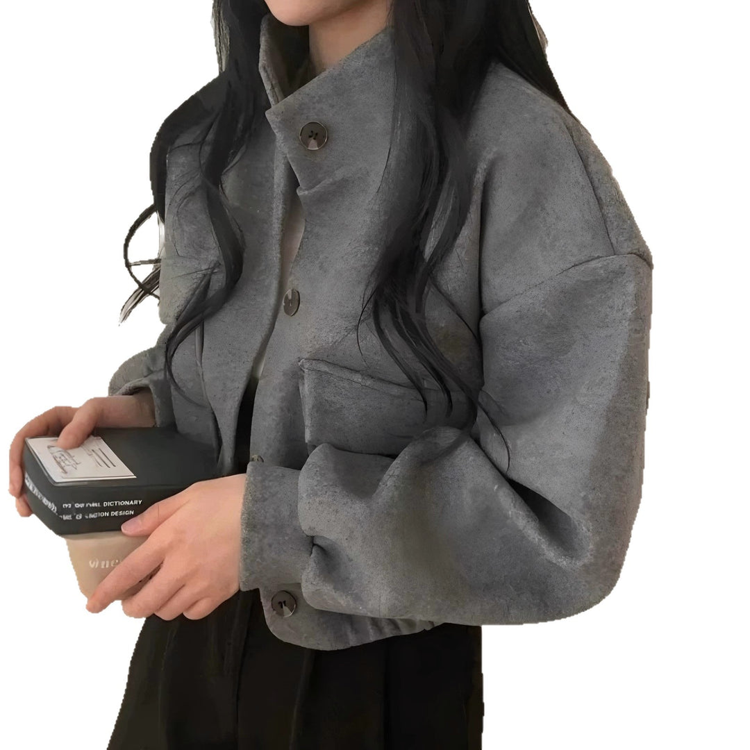 Damen Kurze Oversize-Wolloptik-Jacke mit Stehkragen und Ballonärmeln Drune