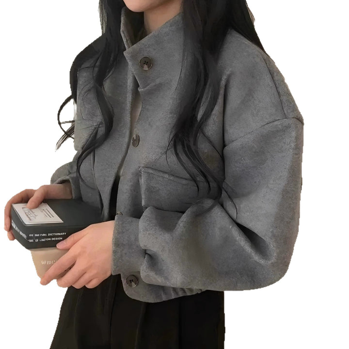 Damen Kurze Oversize-Wolloptik-Jacke mit Stehkragen und Ballonärmeln Drune