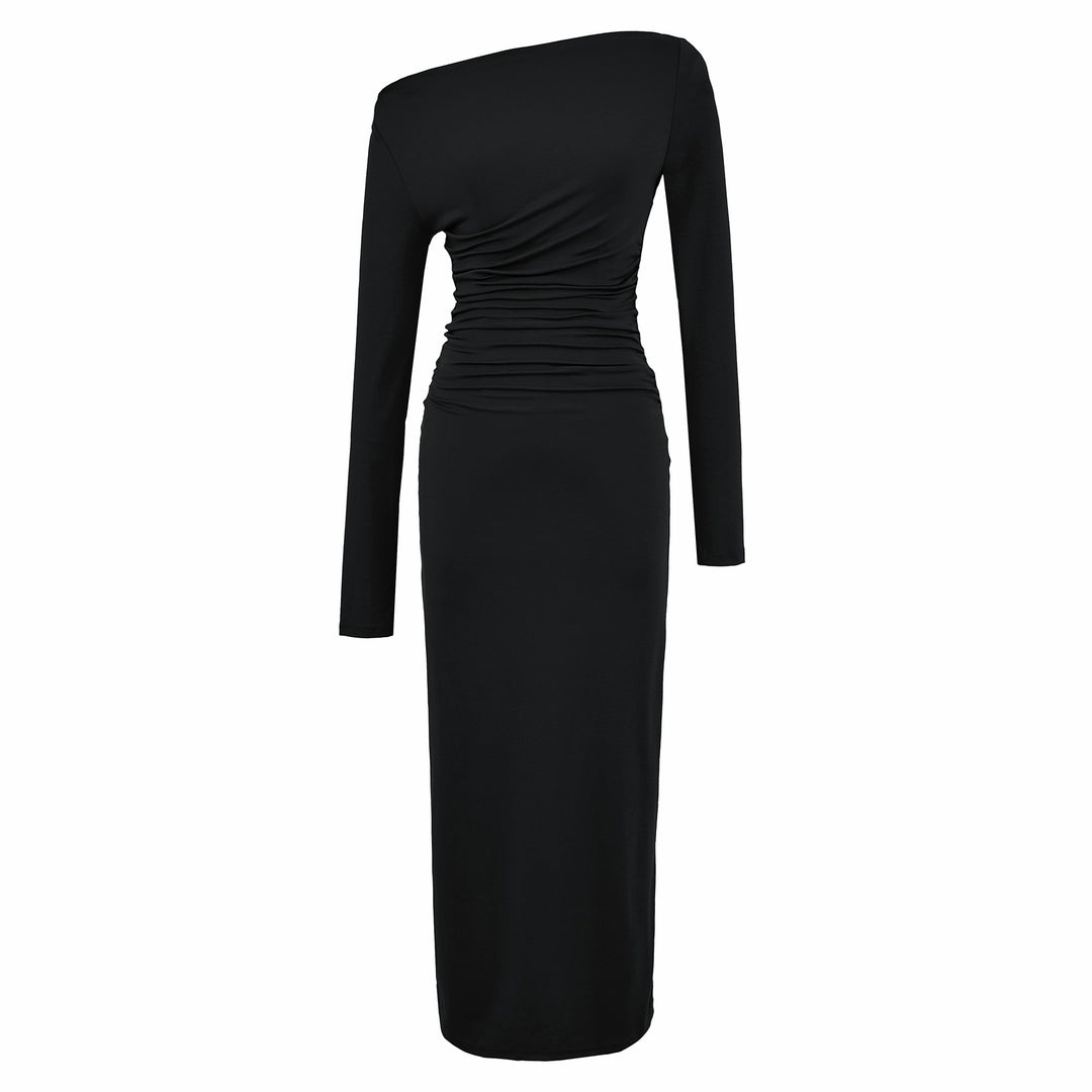 Damen Einschulter-Midikleid mit Langarm und seitlicher Raffung Drune
