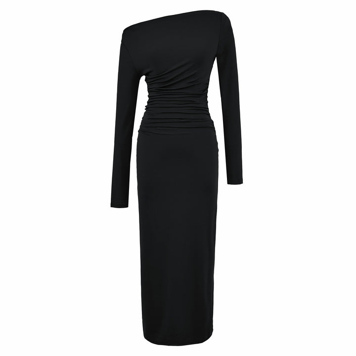 Damen Einschulter-Midikleid mit Langarm und seitlicher Raffung Drune