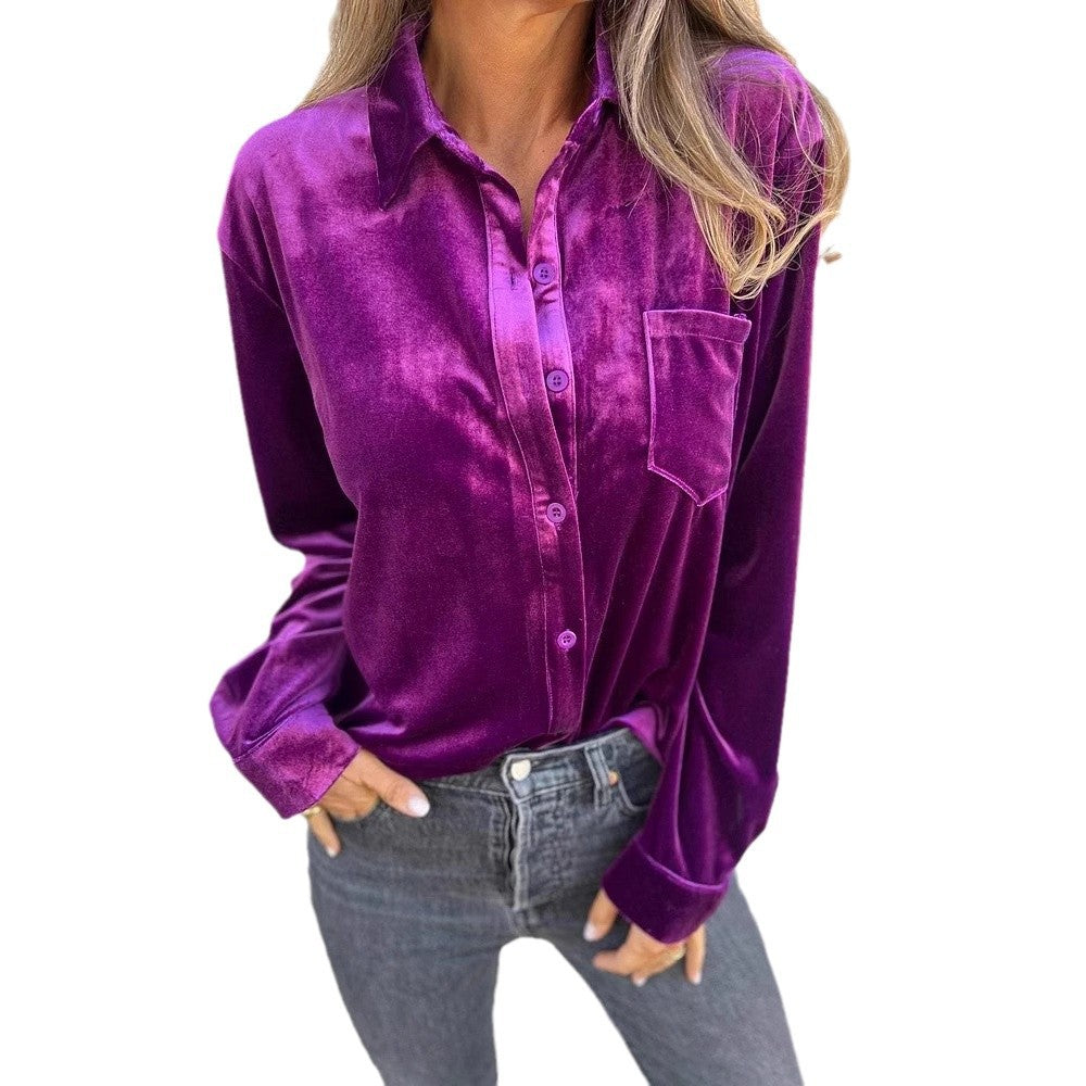 Damen Elegante Samtbluse mit klassischem Hemdkragen und langen Ärmeln Drune