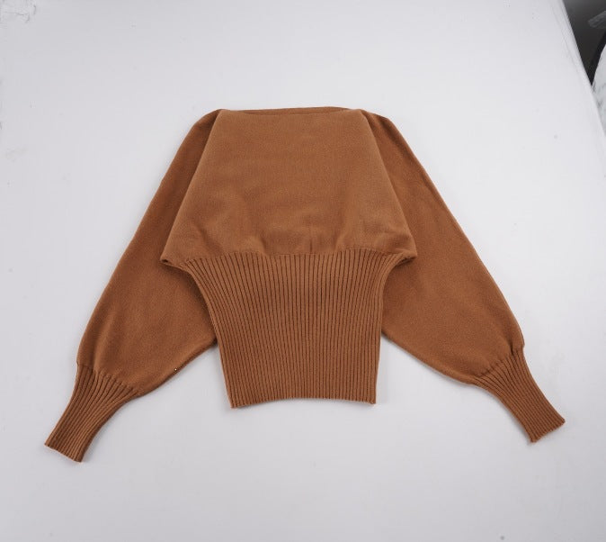 Damen Oversize schulterfreier Pullover mit breitem Rippbund und Ballonärmeln Drune