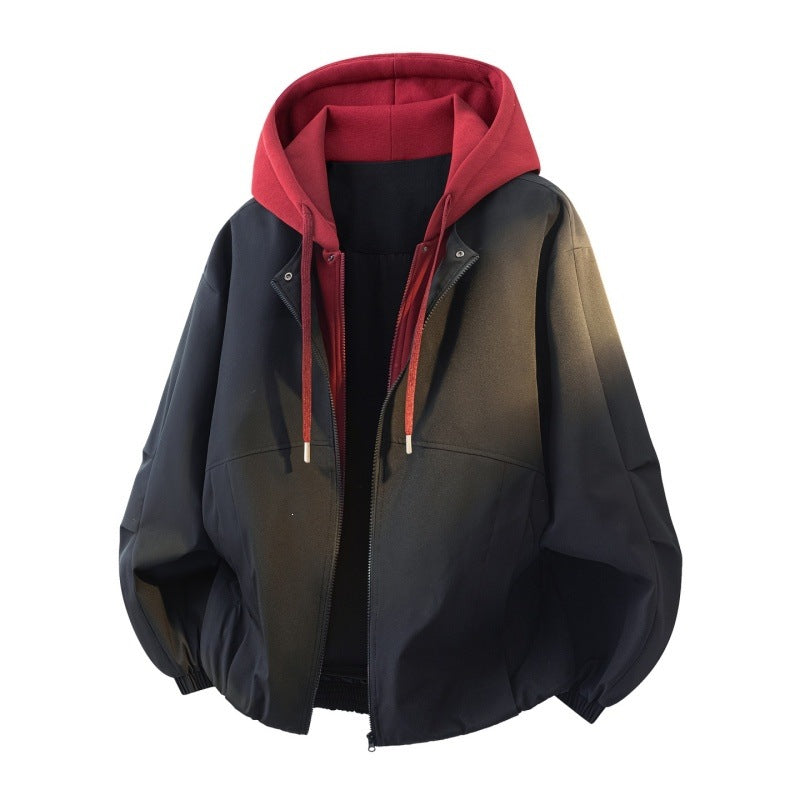 Herren Oversize Lagenlook Bomberjacke mit abgesetzter Kapuzen-Innenjacke und elastischem Saum Drune