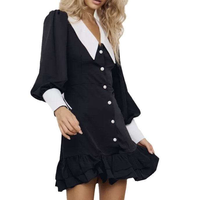 Damen Kleid mit Kontrastkragen und Rüschendetails Drune