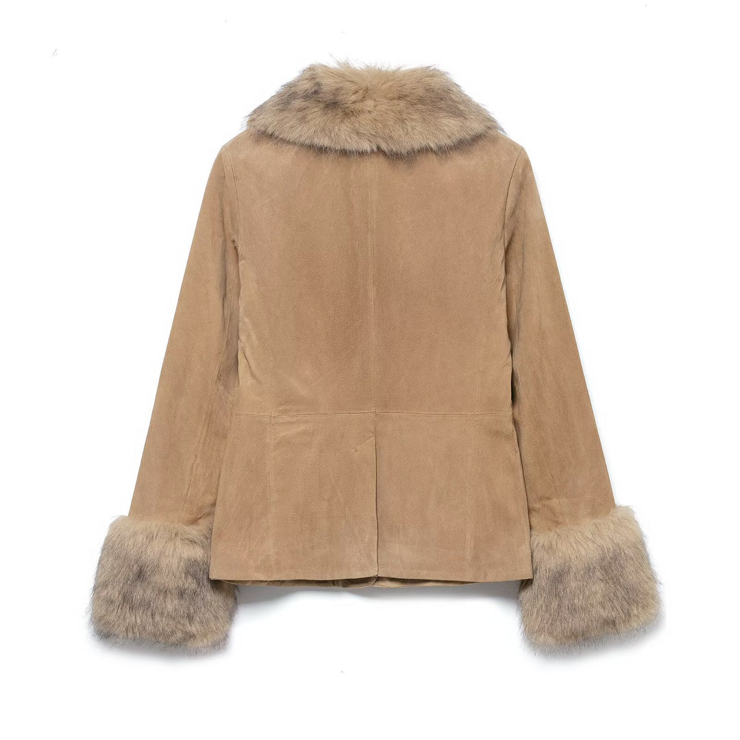 Damen kurze Wildlederjacke mit voluminärem Fellkragen und breiten Fellmanschetten Drune