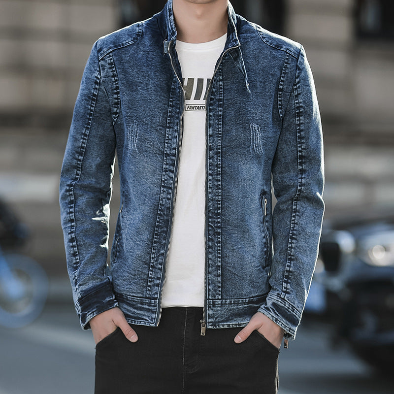 Herren Jeansjacke im Vintage-Washed Slim-Fit mit Stehkragen und Reißverschluss Drune