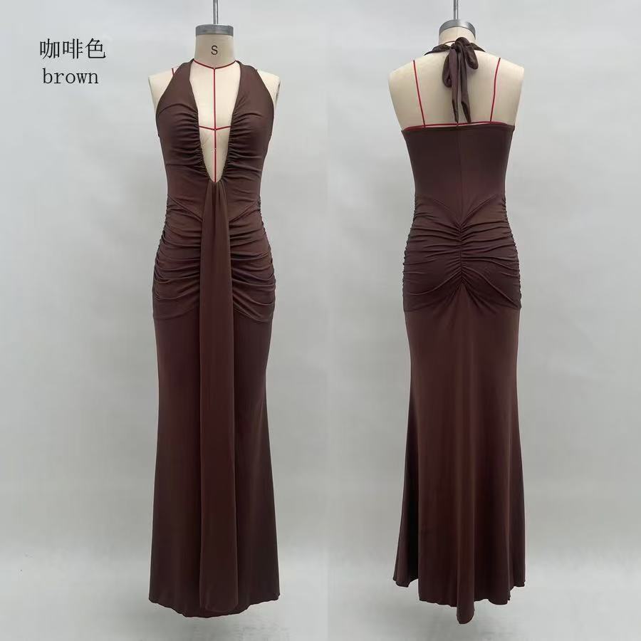 Damen Maxikleid mit tiefem V-Ausschnitt und elegantem Wickeldesign Drune