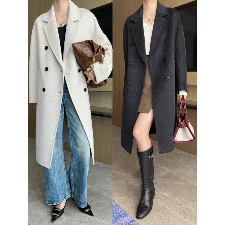 Damen eleganter Wollmantel mit doppelter Knopfleiste und geradem Schnitt Drune