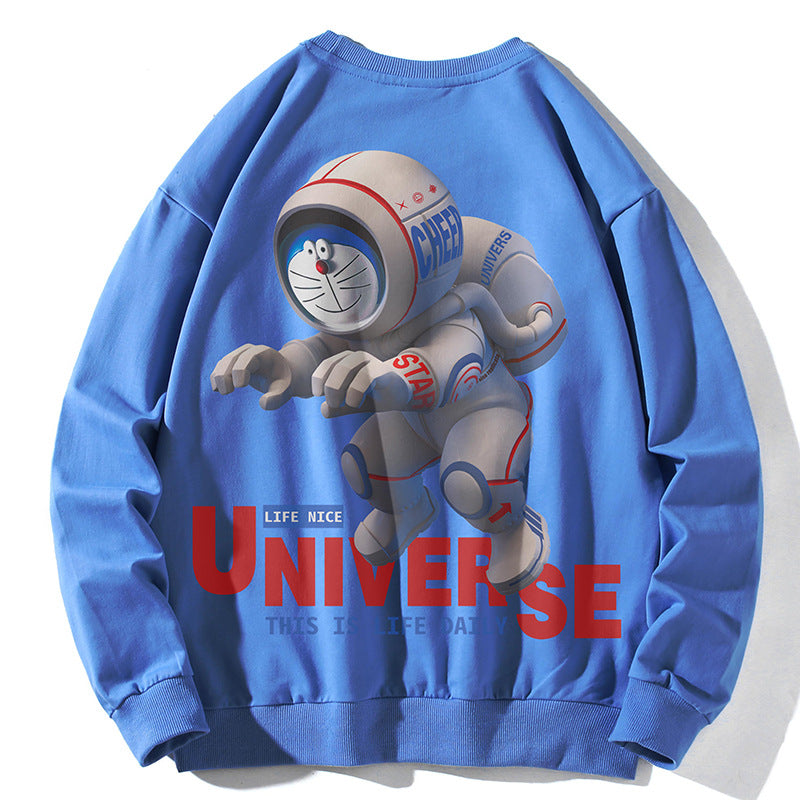 Unisex Oversize Pullover mit Cartoon-Astronauten-Frontprint, Rundhalsausschnitt und Rippbündchen Drune