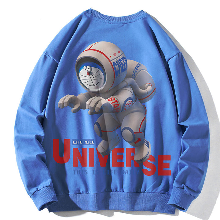 Unisex Oversize Pullover mit Cartoon-Astronauten-Frontprint, Rundhalsausschnitt und Rippbündchen Drune