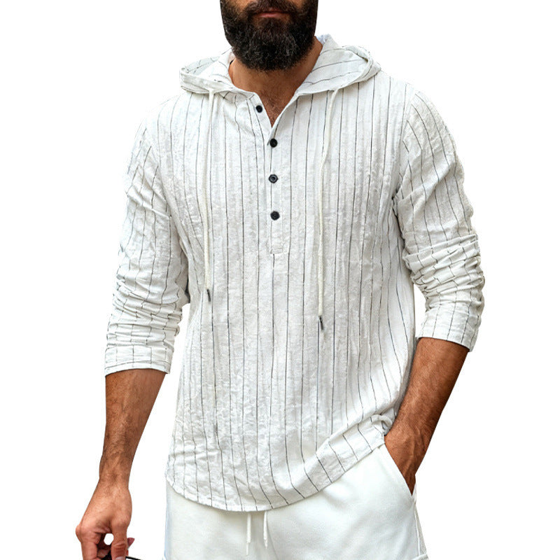 Herren nan Kapuzenshirt aus Leinenmix mit halber Knopfleiste und Nadelstreifen Drune