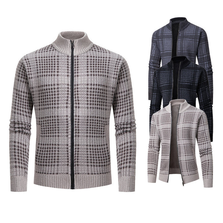 Herren Feinstrick-Zipcardigan mit Glencheck‑Muster, Stehkragen und Zwei‑Wege‑Reißverschluss Drune
