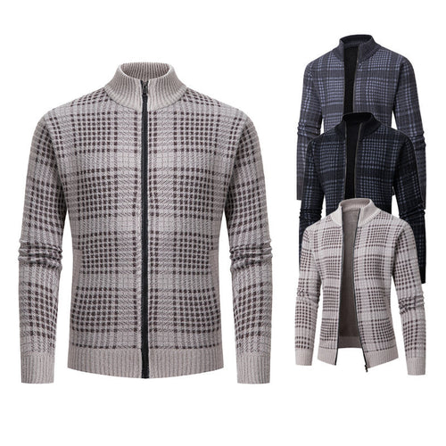 Herren Feinstrick-Zipcardigan mit Glencheck‑Muster, Stehkragen und Zwei‑Wege‑Reißverschluss Drune