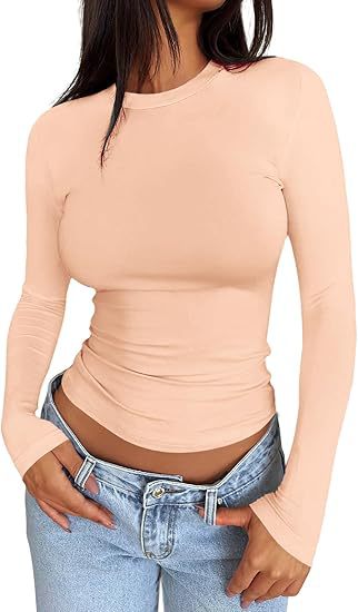 Damen Körpernahes Langarmshirt im Cropped-Look mit verlängerten Ärmeln und Daumenloch Drune