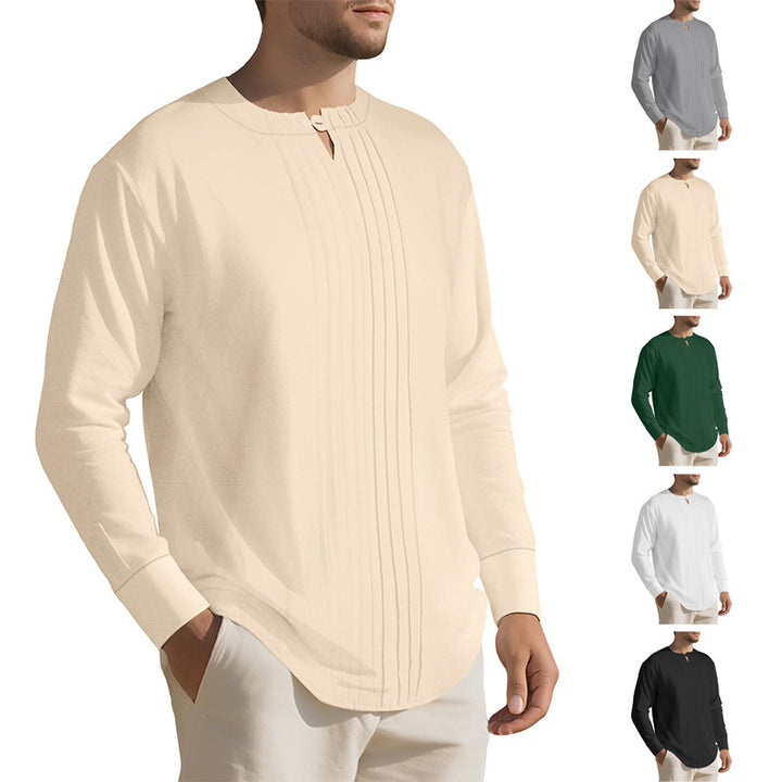 Herren Leichtes Langarmshirt im Leinenlook mit Stehkragen, Kellerfalten und Schlaufenverschluss Drune