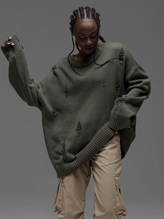 Damen lässiger Pullover mit modischen Rissdetails und Schmuck-Applikationen Drune