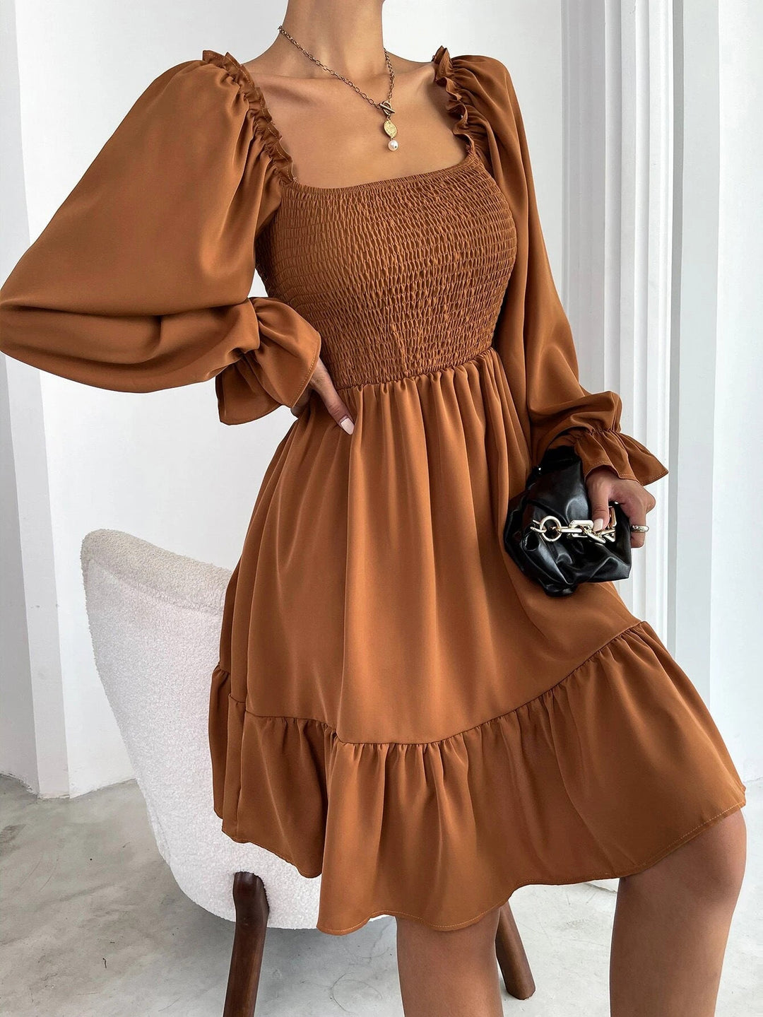 Damen Luftiges Minikleid mit Puffärmeln und Rüschendetails Drune