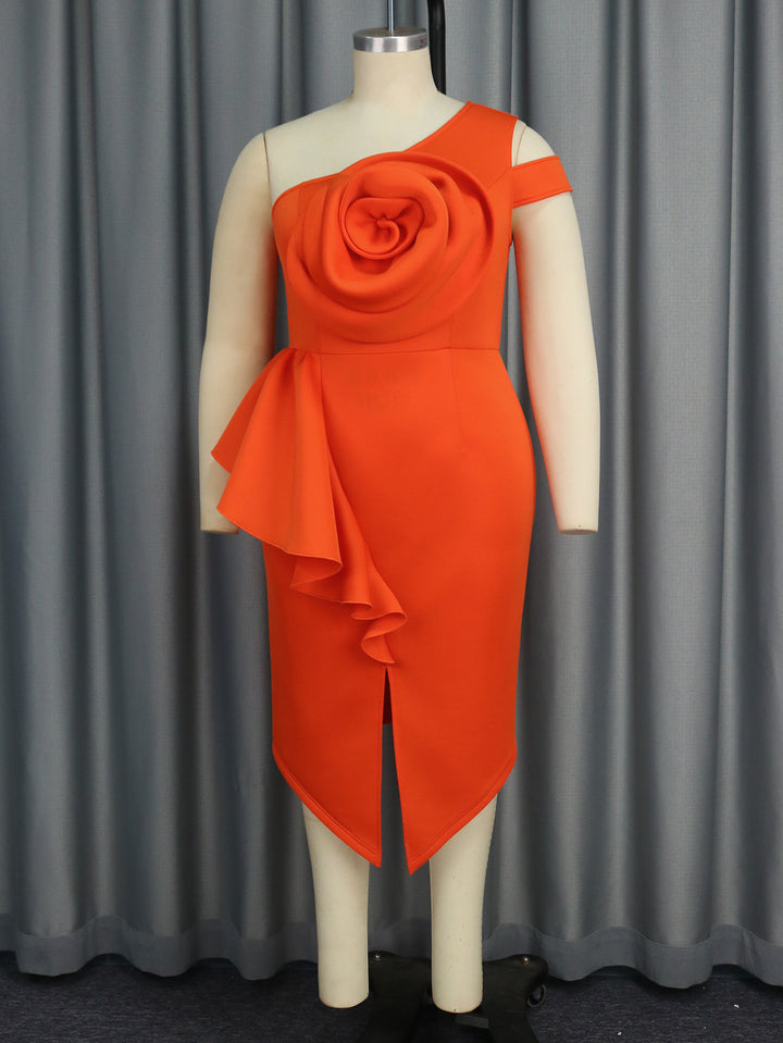 Damen Elegantes One-Shoulder Kleid mit Zierblüte und asymmetrischem Saum Drune