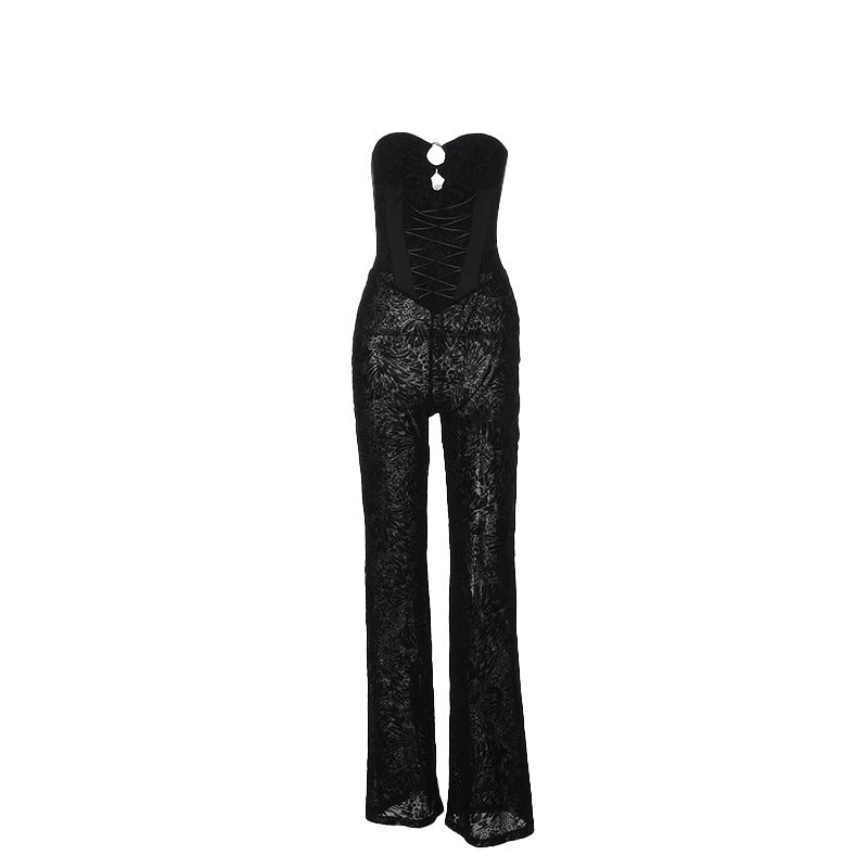 Damen eleganter Jumpsuit mit strukturierter Spitze und verführerischem Ausschnitt Drune