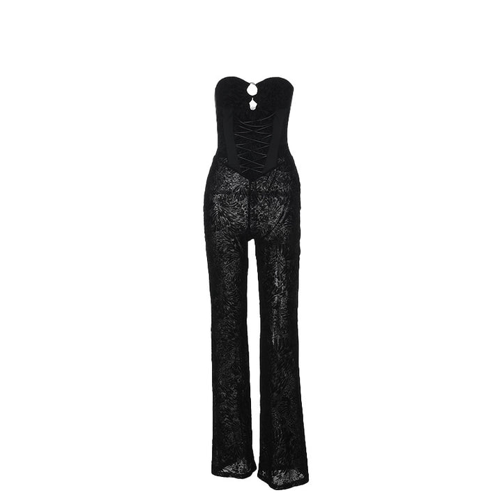 Damen eleganter Jumpsuit mit strukturierter Spitze und verführerischem Ausschnitt Drune