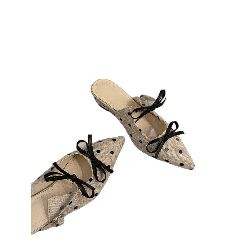 Damen Spitz zulaufende Schlupf-Mules in Leinenoptik mit Polka-Dot und Zierschleife Drune
