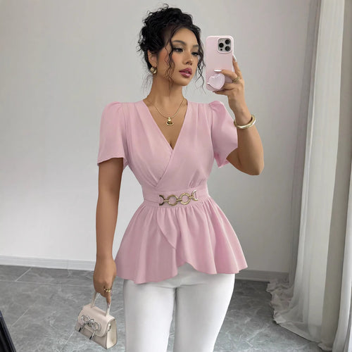 Damen Wickelbluse mit Taillen-Gürtel und asymmetrischem Volant Drune