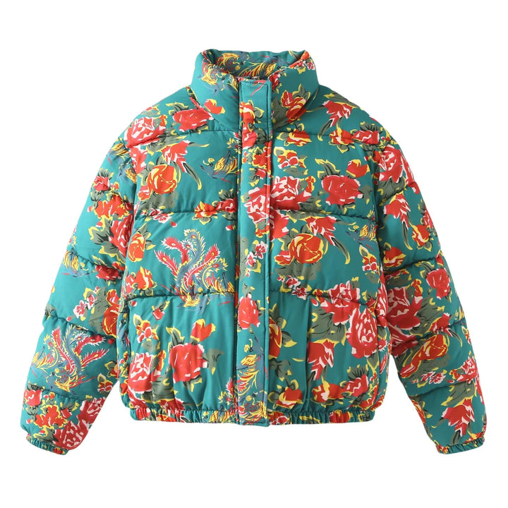 Damen nan gesteppte Daunenoptik Steppjacke mit floralem Alloverprint, Stehkragen und elastischem Saum Drune