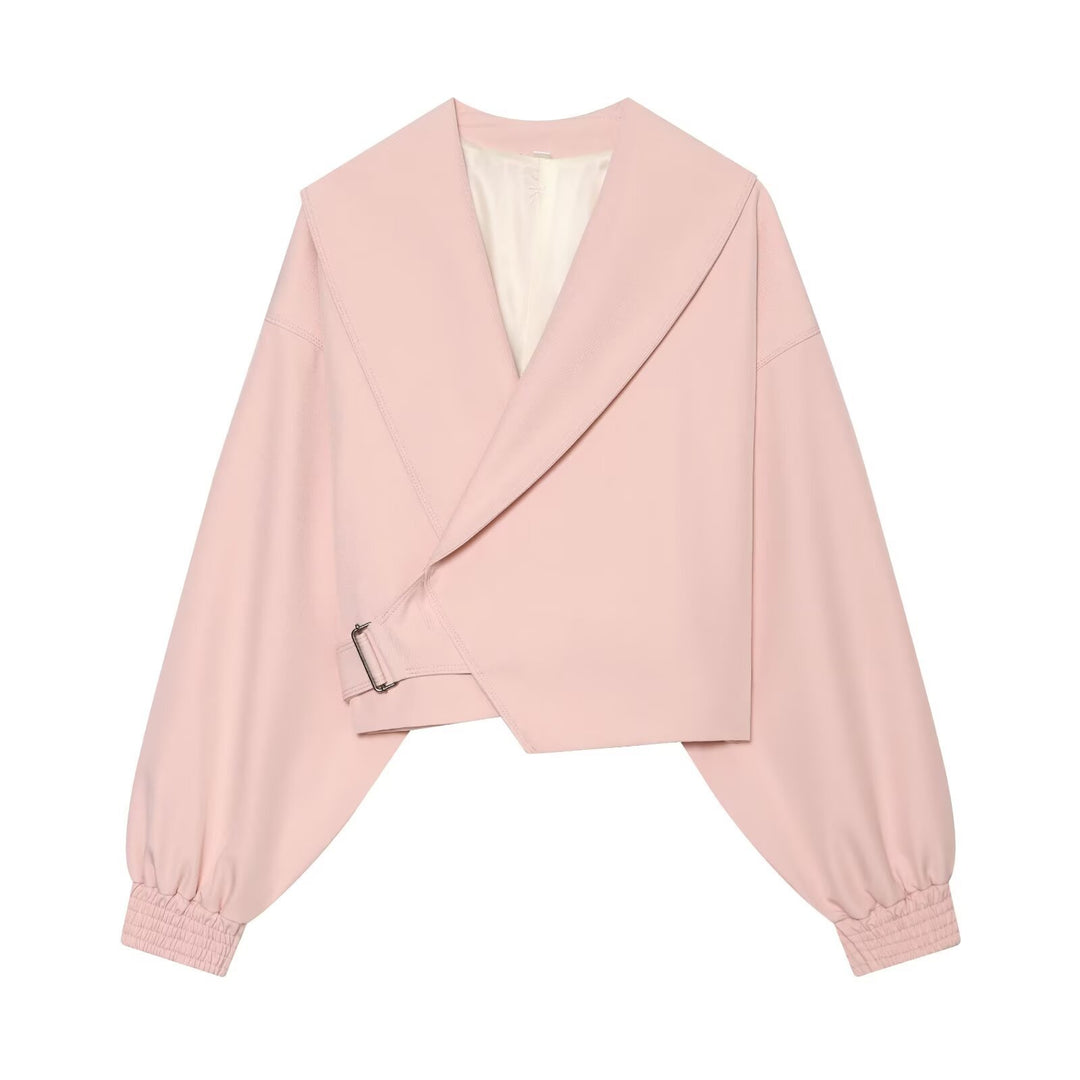 Damen Kurze Wickeljacke mit weitem Schalkragen, taillierendem Schnallenband und Ballonärmeln Drune