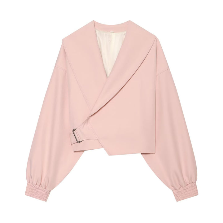 Damen Kurze Wickeljacke mit weitem Schalkragen, taillierendem Schnallenband und Ballonärmeln Drune