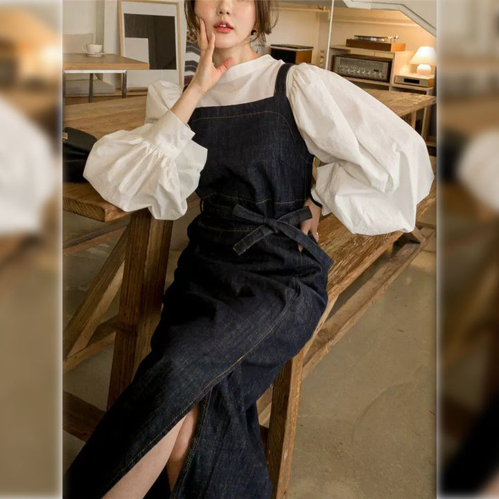 Damen Langes Jeans-Latzkleid mit eckigem Ausschnitt, Taillenband und vorderem Beinschlitz Drune