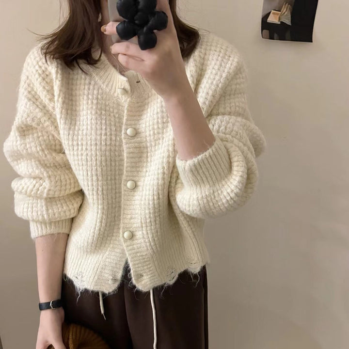 Damen kuschelige Strickjacke mit knopfverzierung und voluminösen Ärmeln Drune
