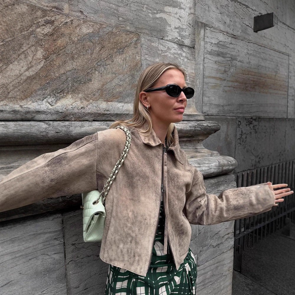 Damen Kurz geschnittene Velourslederjacke in Used‑Optik mit extra langen Ärmeln und Zwei‑Wege‑Reißverschluss Drune