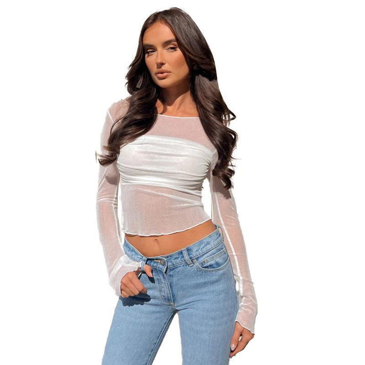 Damen Transparente Longsleeve Bluse mit weitem Ärmel Drune