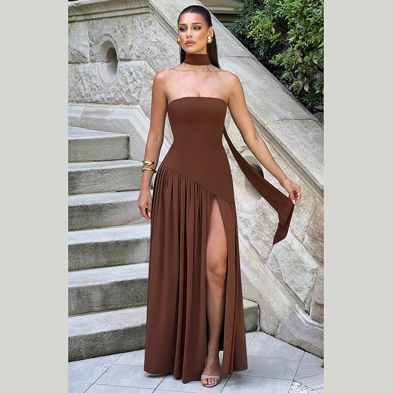 Damen Elegantes Maxikleid mit schulterfreier Silhouette und raffiniertem Schlitz Drune