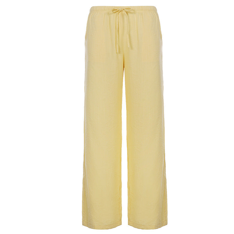Damen Leinen-Loungehose mit weitem Bein, Tunnelzug und Seitentaschen Drune
