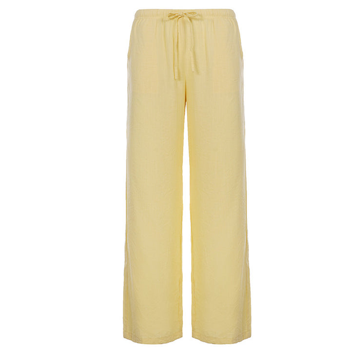 Damen Leinen-Loungehose mit weitem Bein, Tunnelzug und Seitentaschen Drune