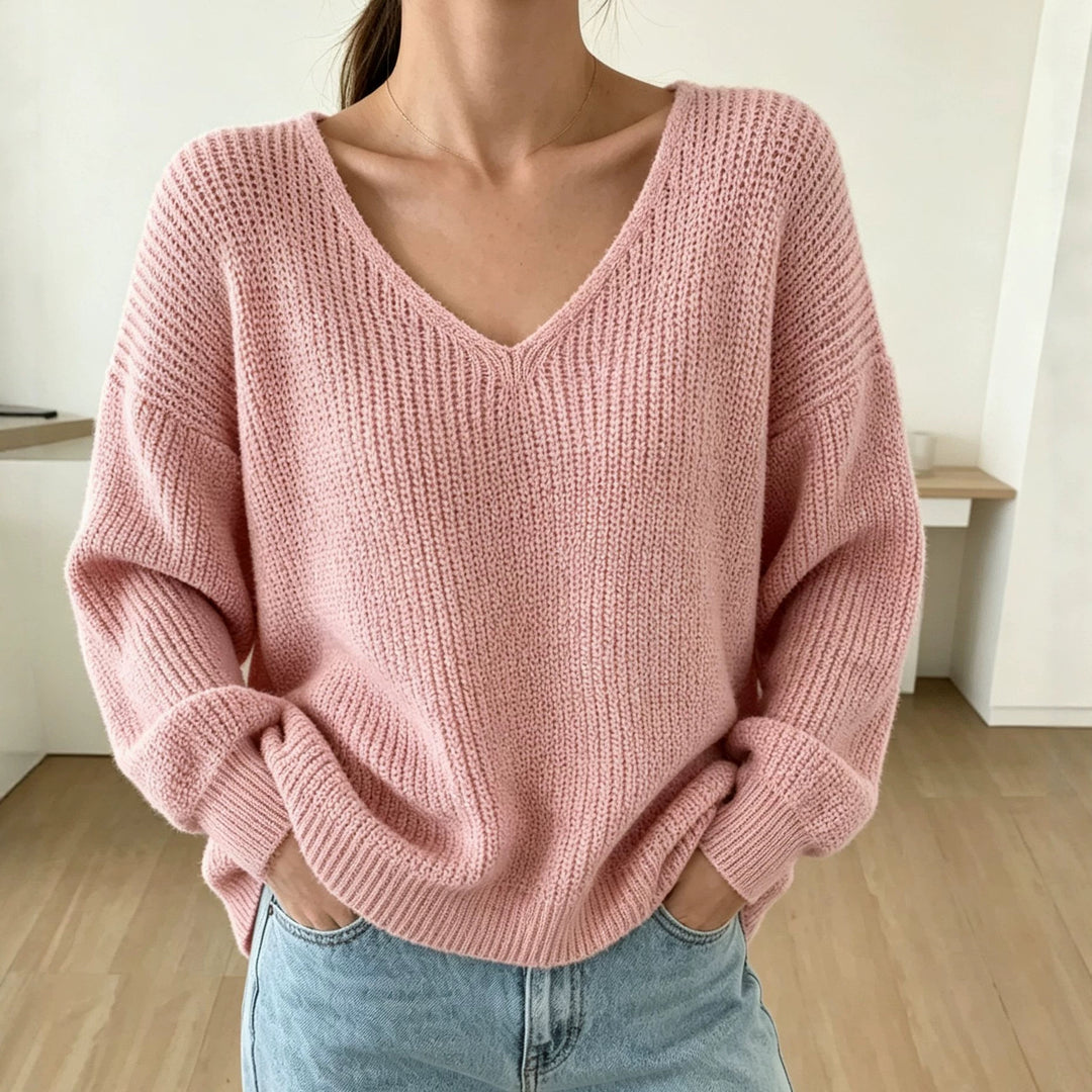 Damen Lässiger Boxy-Grobstrickpullover mit V-Ausschnitt und gerippten Bündchen Drune