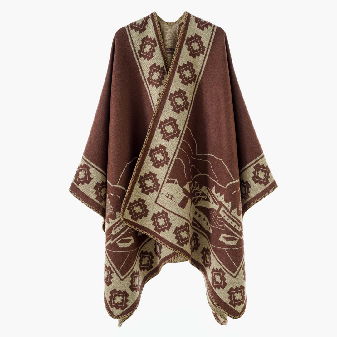 Damen Jacquard‑Strickponcho mit offenem Fall und Bordüren‑Detail Drune