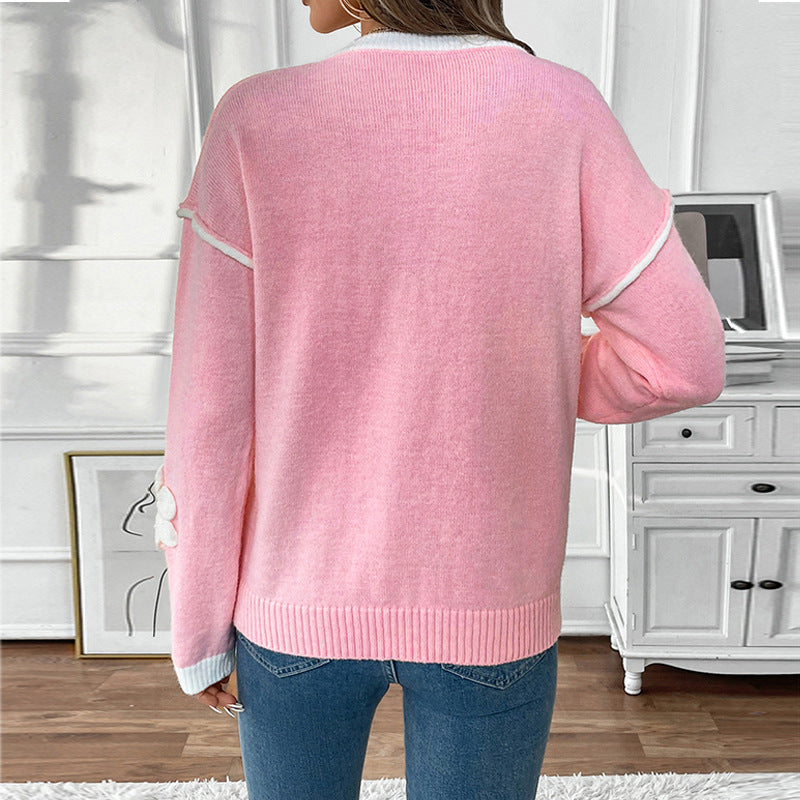Damen V-Ausschnitt Feinstrickpullover mit dreidimensionalen Blütenapplikationen Drune