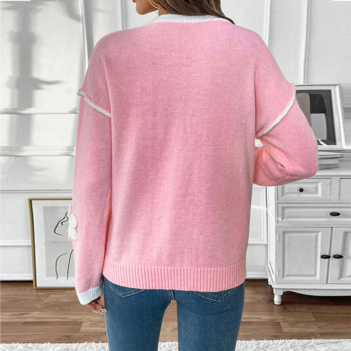Damen V-Ausschnitt Feinstrickpullover mit dreidimensionalen Blütenapplikationen Drune