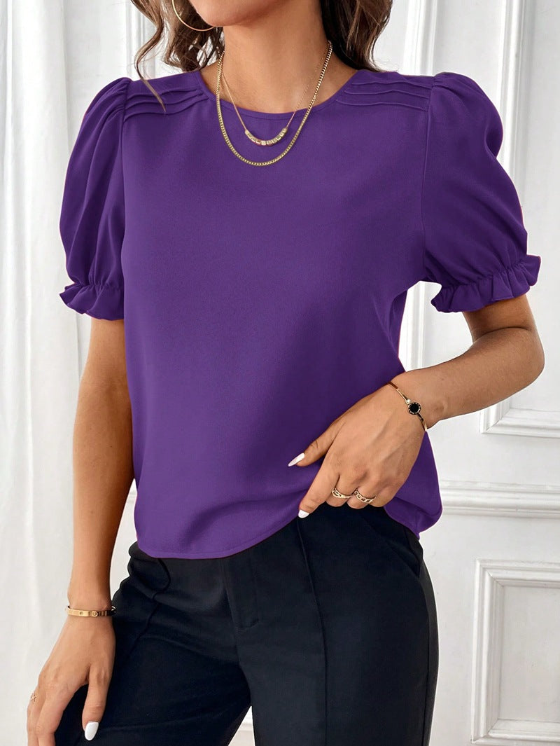 Damen Elegante Chiffonbluse mit Puffärmeln und dekorativen Schulterfalten Drune